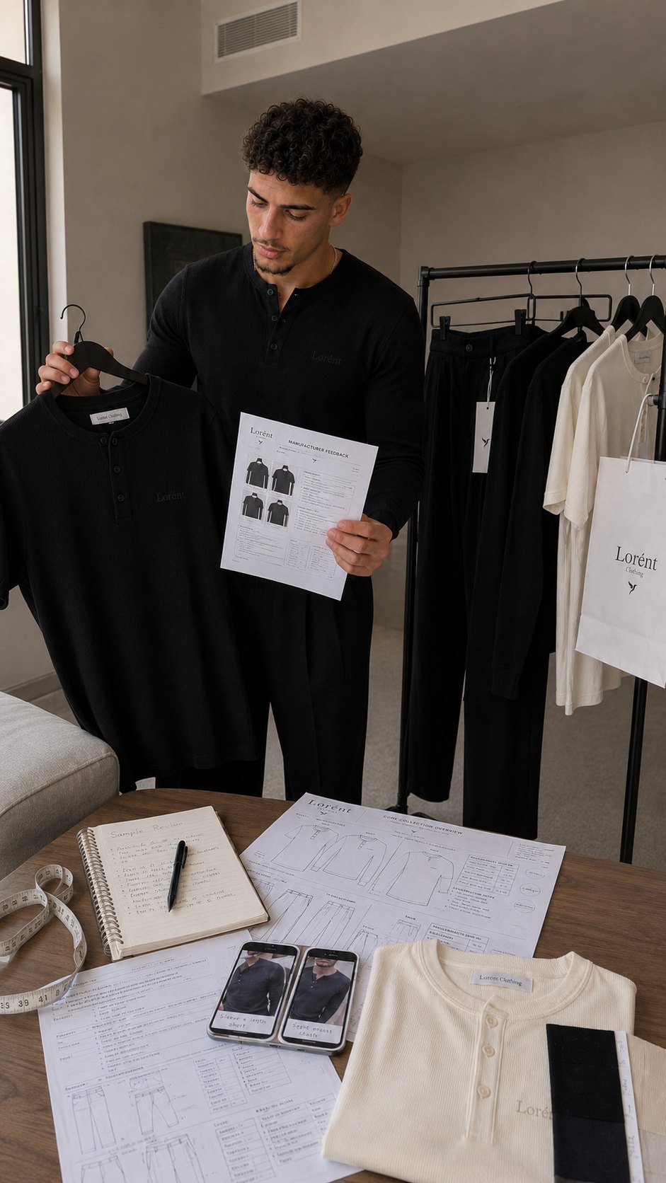 Lorent founder reviewing black sample and production notes