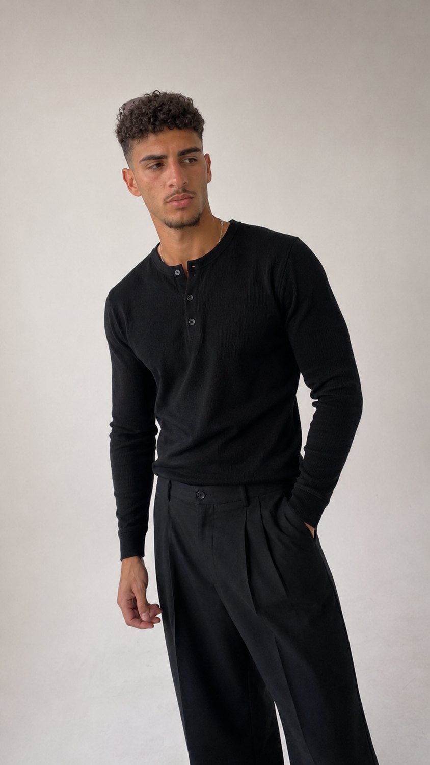 Black Lorent ribbed henley on model