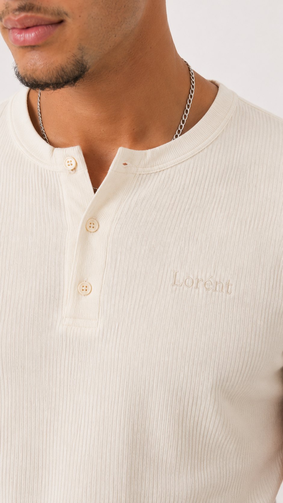 Lorent white ribbed henley detail on model